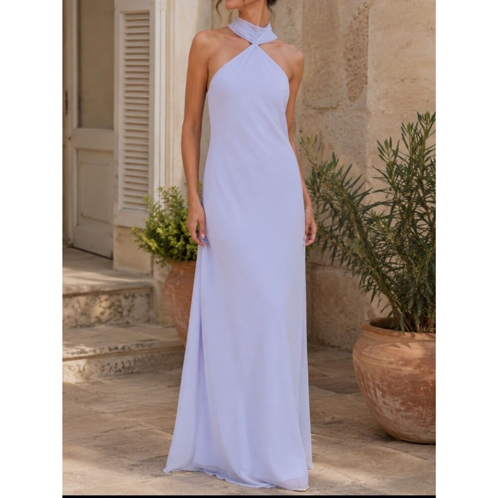 Amanda Uprichard Ashton Halter Neck Chiffon Artic Blue gown